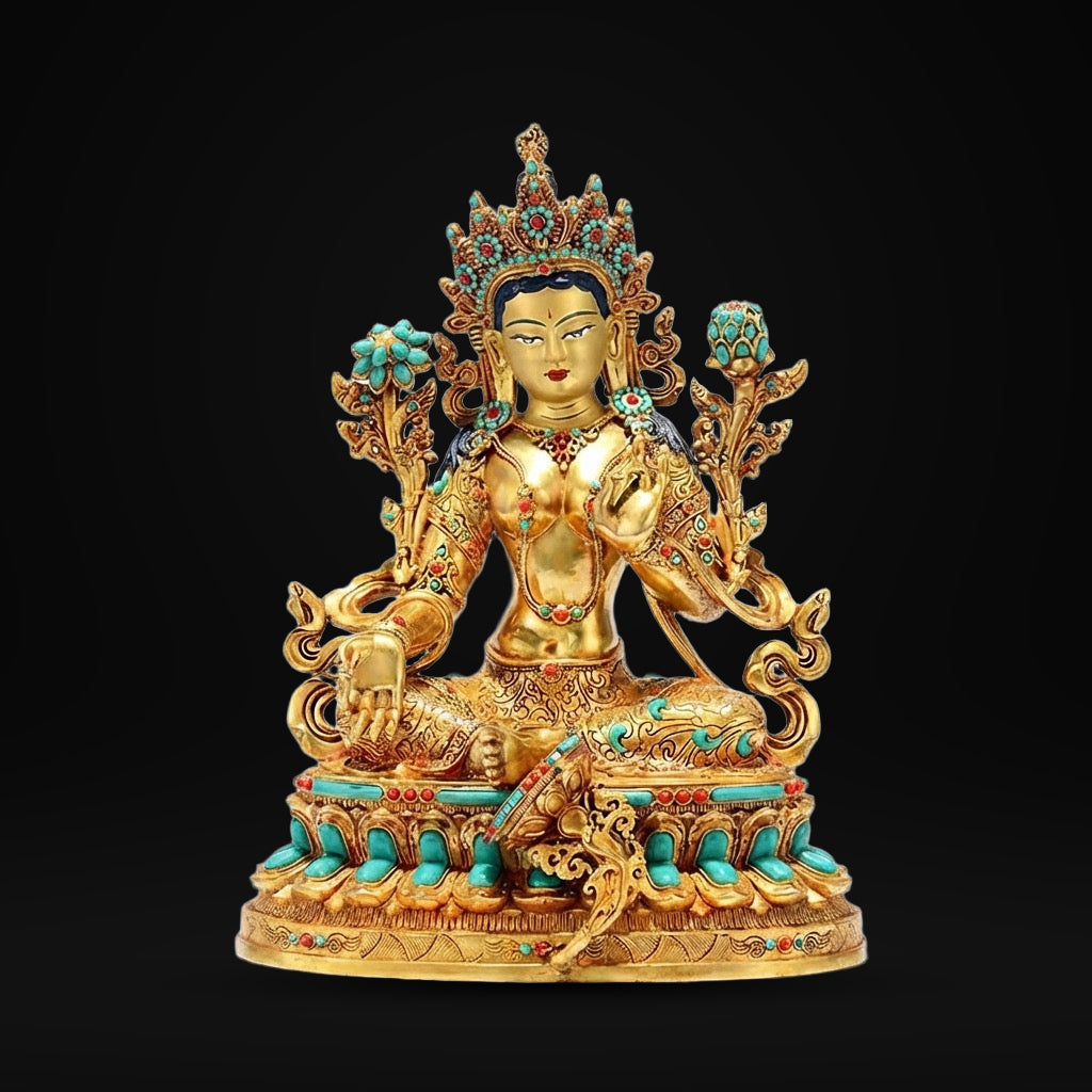 Full Gilded Green Tara Statue | Copper Buddhist Deity with Gem Inlay
