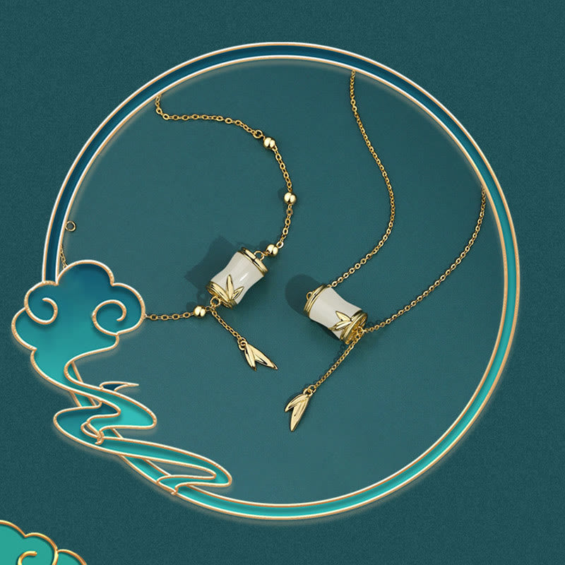 EverestArtstudios 925 Sterling Silver 22K Gold Hetian White Jade Bamboo Leaf Luck Necklace Pendant Bracelet