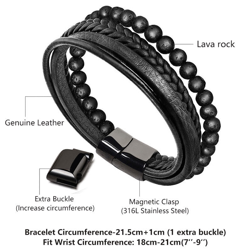EverestArtStudios Genuine Volcanic Rock Black Agate Stone Wrapped Leather Bracelet