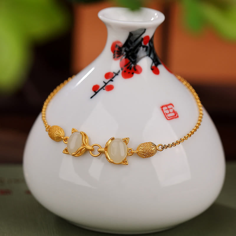 EverestArtstudios 925 Sterling Silver Natural Hetian White Jade Cyan Jade Lovely Fox Luck Bracelet