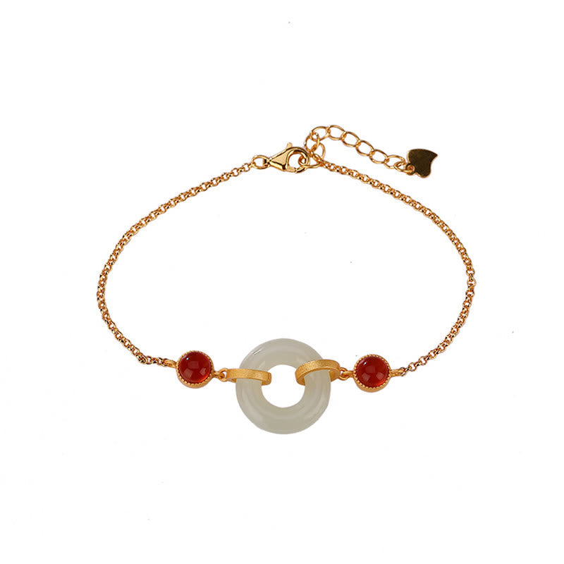 EverestArtstudios 925 Sterling Silver Plated Gold Natural Hetian Jade Peace Buckle Red Agate Luck Bracelet