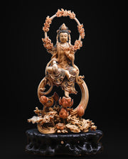 EverestArtStudios Natural Reclaimed Mammoth Ivory Water Moon Guanyin Avalokiteshvara Statue, Hand Carved Bodhisattva Sculpture, Buddhist Altar Decor, Collectible Art