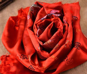 Red Embroidered Tibetan Khata Scarf with Eight Auspicious Symbol