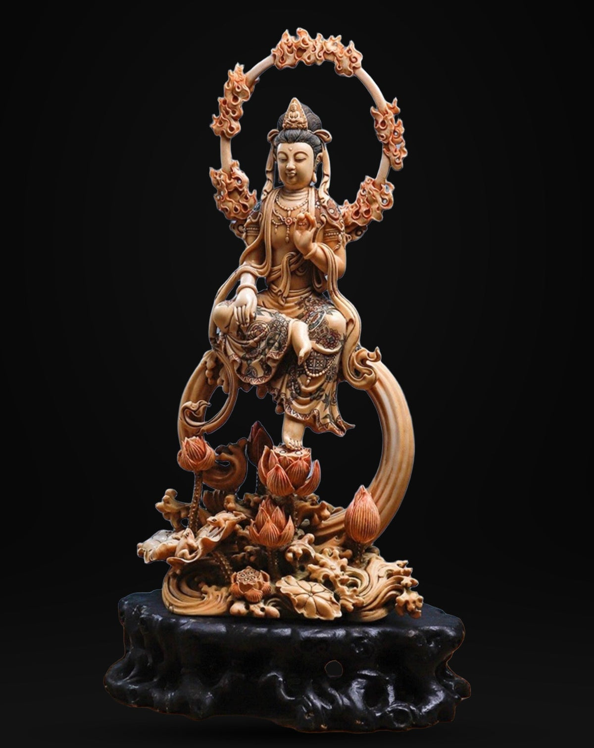 EverestArtStudios Natural Reclaimed Mammoth Ivory Water Moon Guanyin Avalokiteshvara Statue, Hand Carved Bodhisattva Sculpture, Buddhist Altar Decor, Collectible Art