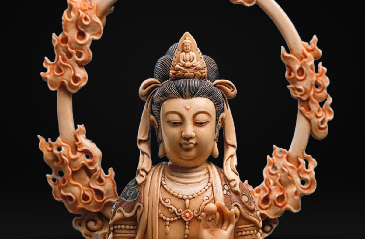 EverestArtStudios Natural Reclaimed Mammoth Ivory Water Moon Guanyin Avalokiteshvara Statue, Hand Carved Bodhisattva Sculpture, Buddhist Altar Decor, Collectible Art