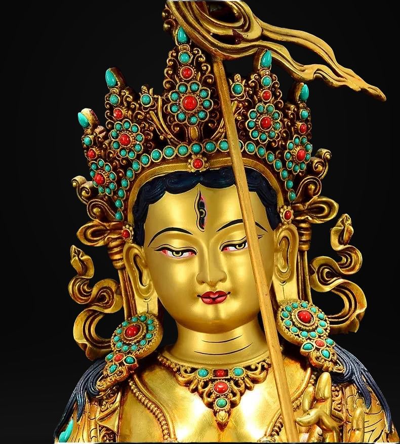 Gilded Copper Sitatapatra Statue, White Umbrella Goddess, Dukkar Buddha, Inlaid Colorful Beads, Tibetan Buddhist Art for Home Decor Altar