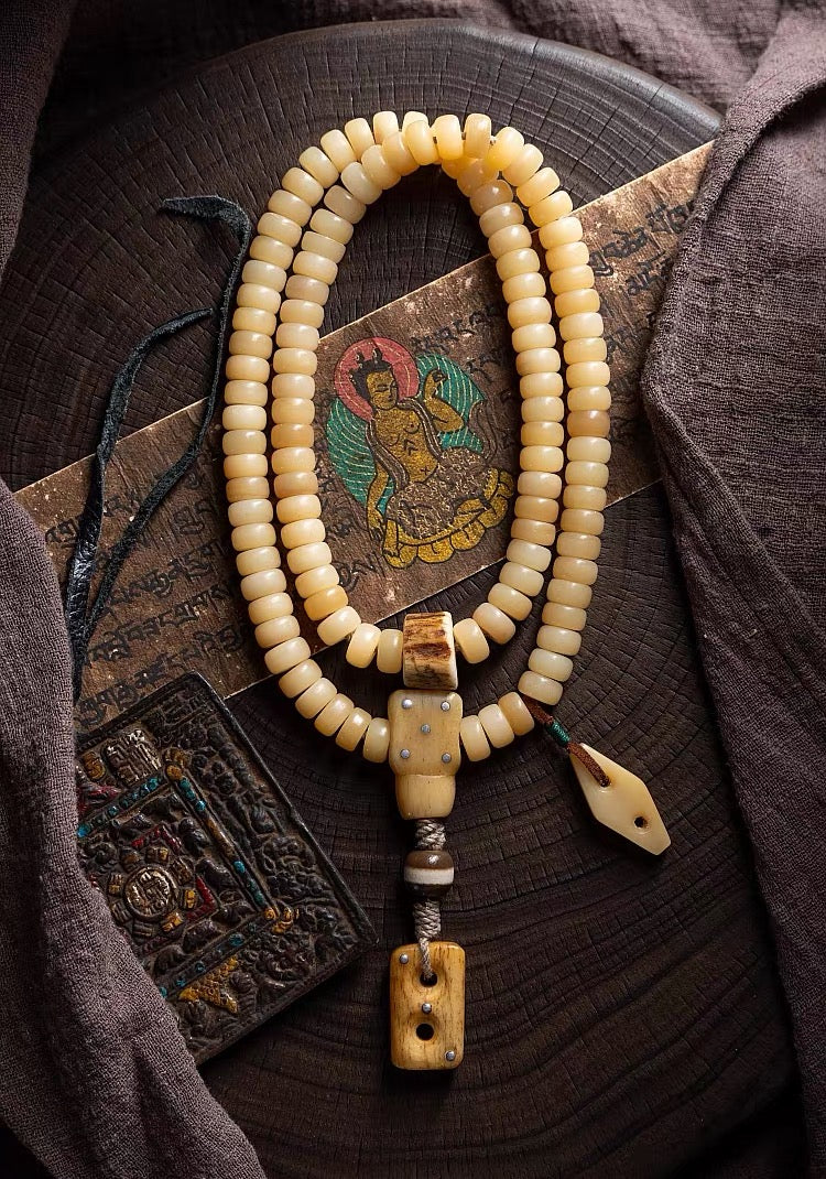 EverestArtstudios blessed Natural Camel Bone Mala Bracelet 108 Beads, Tibetan Prayer Beads, Yellow Fossilized Bone Wrist Mala, Multi Wrap Meditation Bracelet for Men