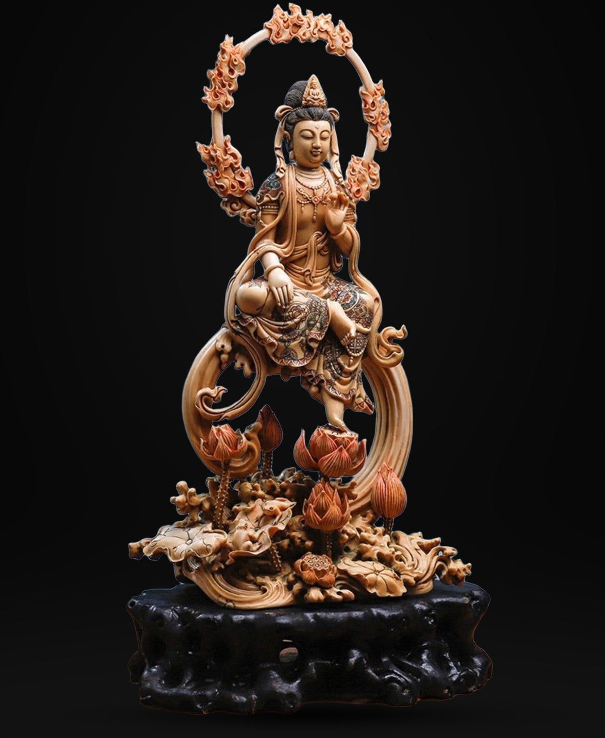 EverestArtStudios Natural Reclaimed Mammoth Ivory Water Moon Guanyin Avalokiteshvara Statue, Hand Carved Bodhisattva Sculpture, Buddhist Altar Decor, Collectible Art