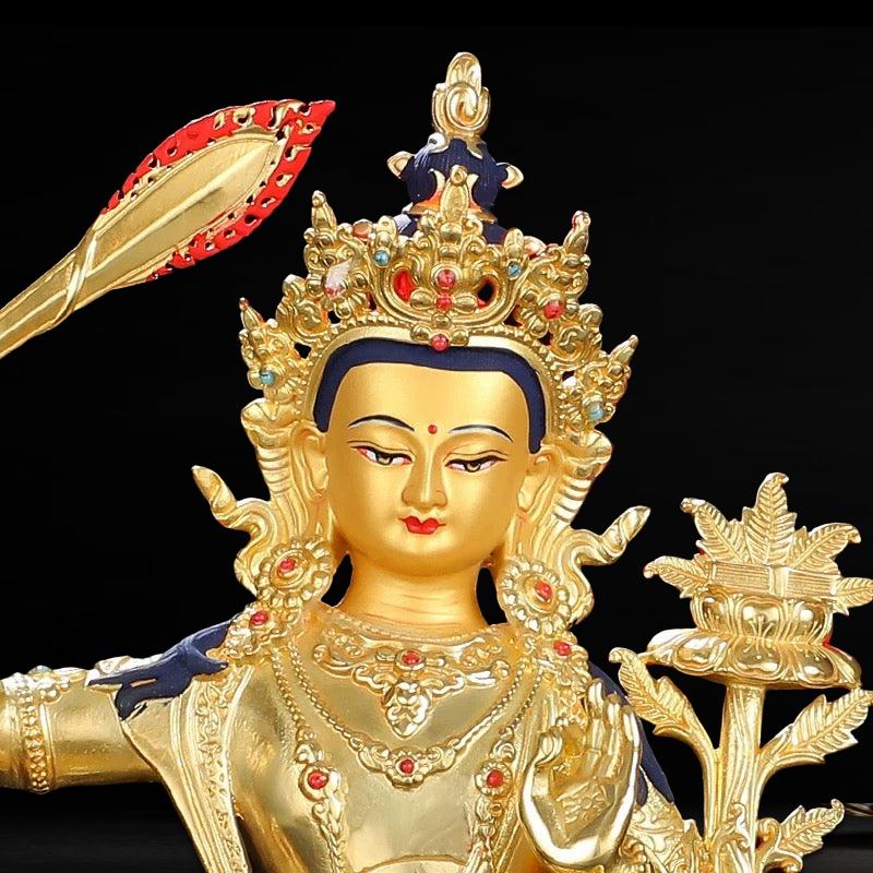 文殊菩萨与普贤菩萨黄铜佛像 – 全鎏金藏传佛教神像，高度 16厘米 / 21厘米 / 33厘米 (6.3英寸 / 8.3英寸 / 13英寸)