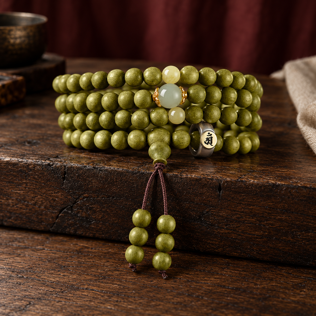 Green wood mala, 6 mm, Goat & Monkey Symbol