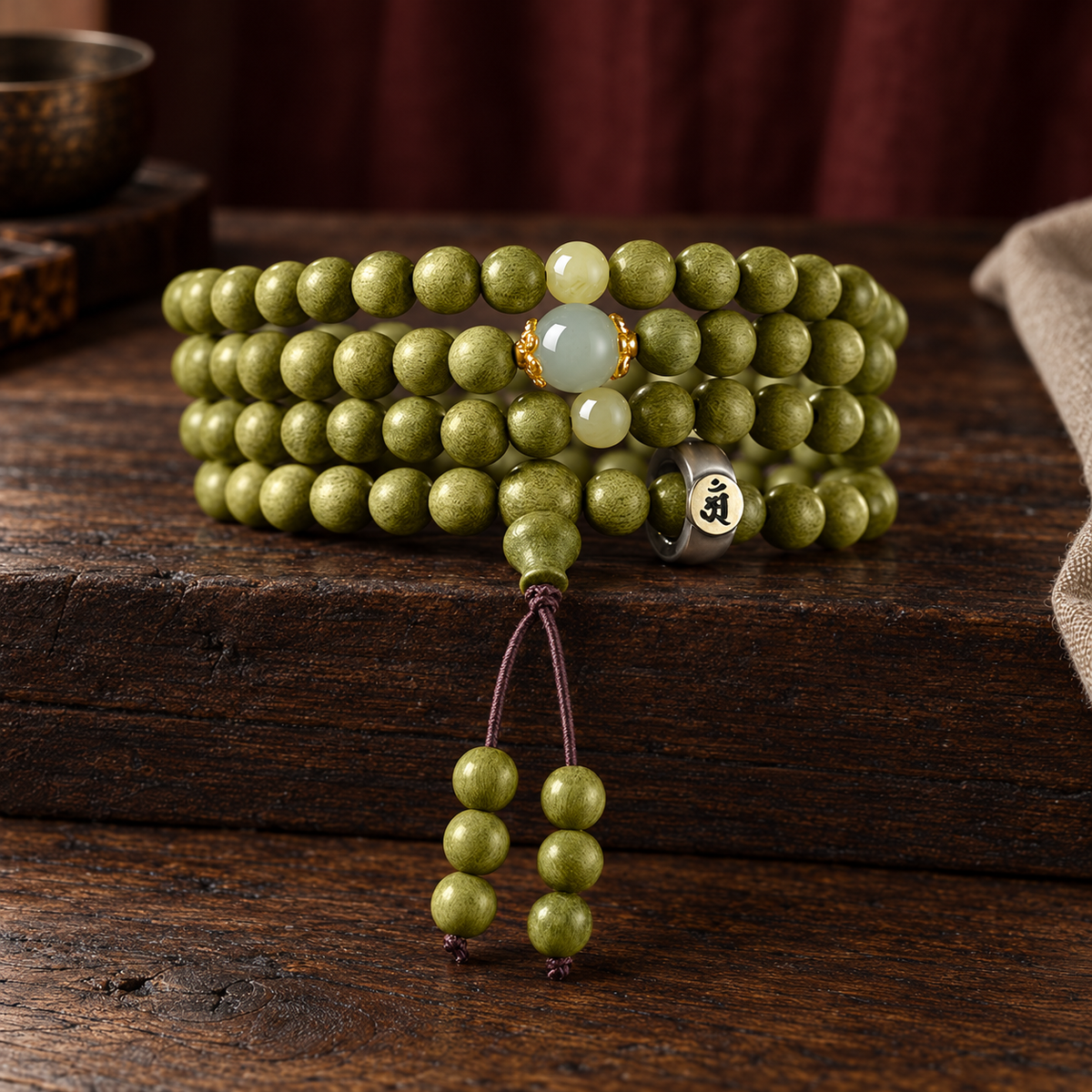 Green wood mala, 8 mm, Goat & Monkey Symbol