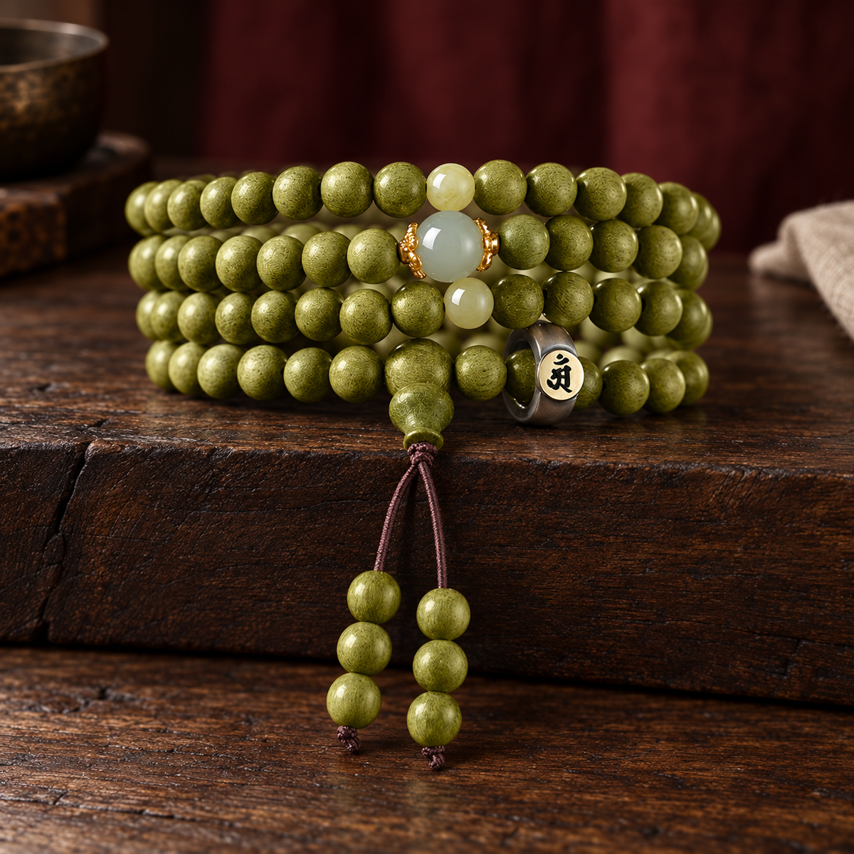 Green wood mala, 8 mm, Dog Symbol