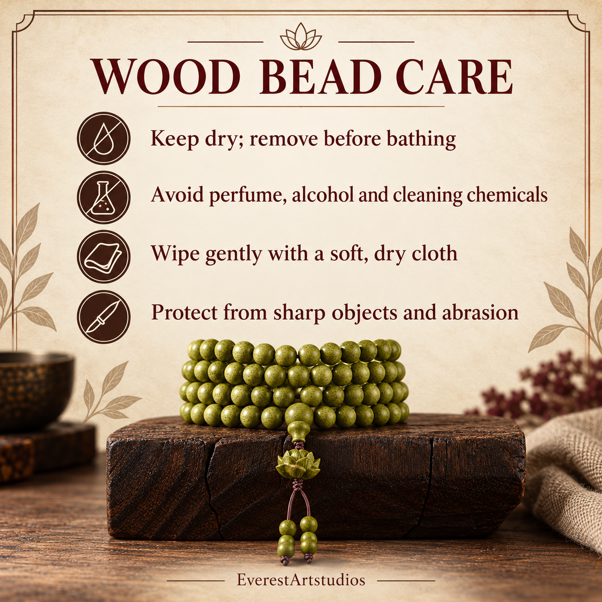 WOOD BEAD CARE — Green wood mala