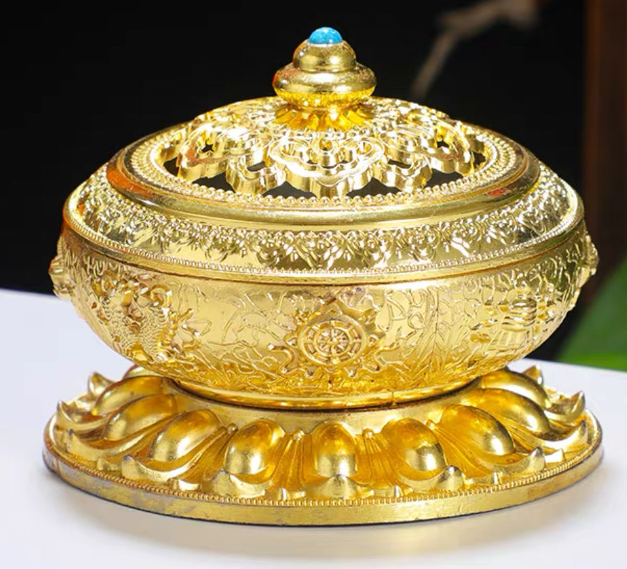 Tibetan Cloisonné Incense Burner – Brass Eight Auspicious Lotus Design, 10 cm (3.9”)