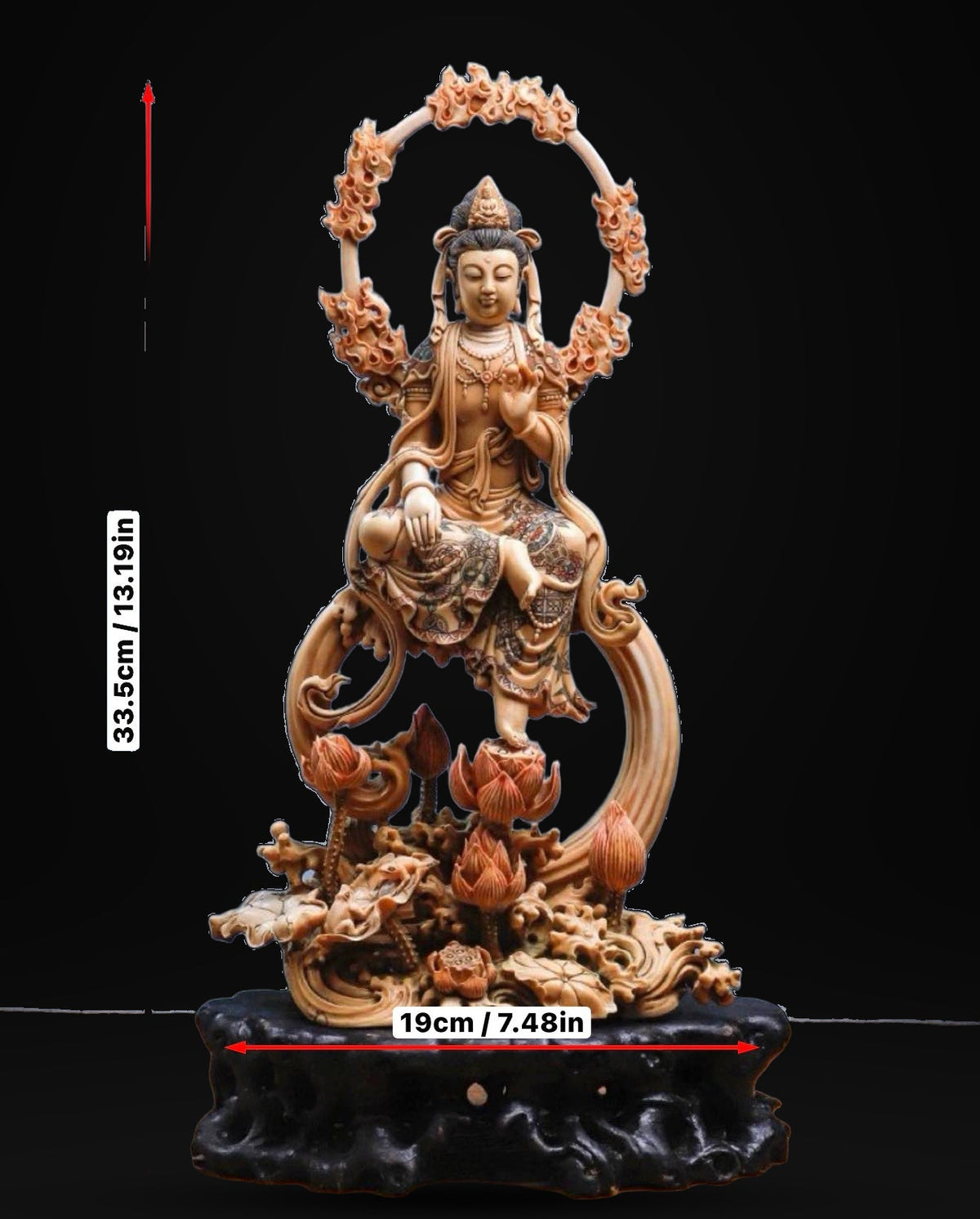 EverestArtStudios Natural Reclaimed Mammoth Ivory Water Moon Guanyin Avalokiteshvara Statue, Hand Carved Bodhisattva Sculpture, Buddhist Altar Decor, Collectible Art