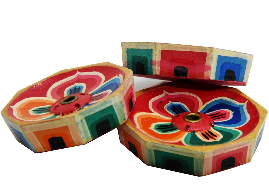 Handcrafted Nepalese Painted Wooden Incense Holder | Tibetan & Stick Incense Burner | Round Altar Base | 3 Variations