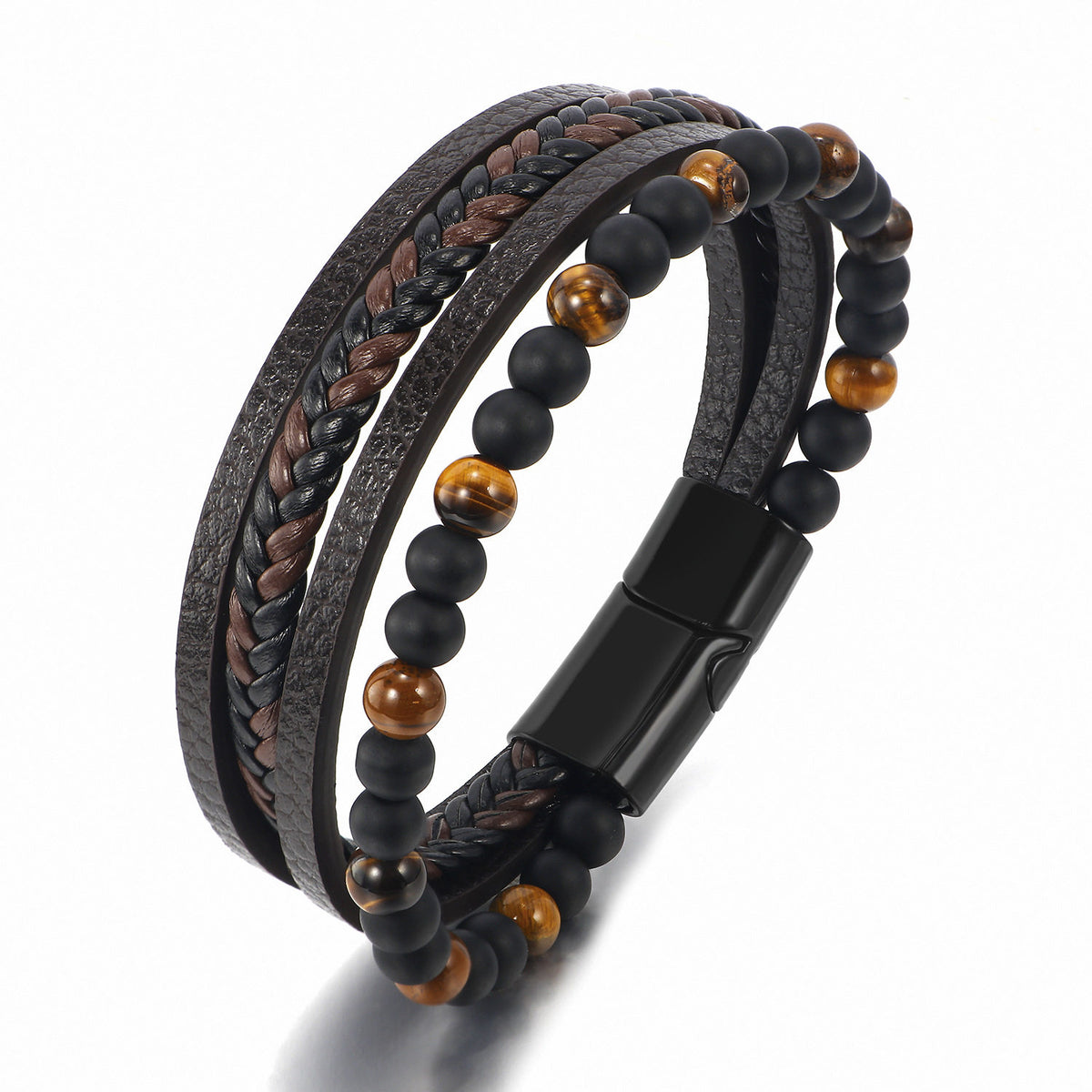 EverestArtStudios Genuine Volcanic Rock Black Agate Stone Wrapped Leather Bracelet