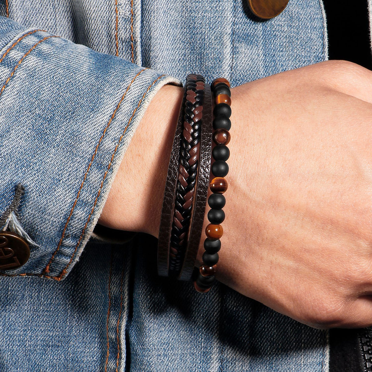 EverestArtStudios Genuine Volcanic Rock Black Agate Stone Wrapped Leather Bracelet