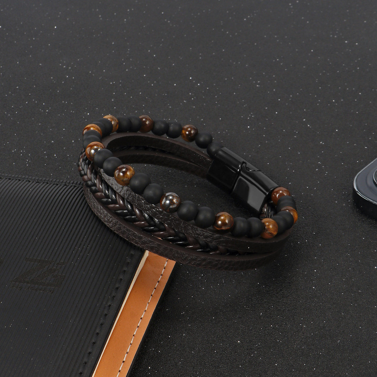 EverestArtStudios Genuine Volcanic Rock Black Agate Stone Wrapped Leather Bracelet