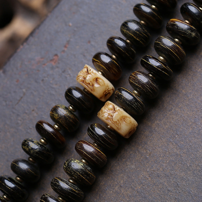 EverestArtstudios Bamboo-Pattern Bone 108-Bead Mala with Sandalwood Accents