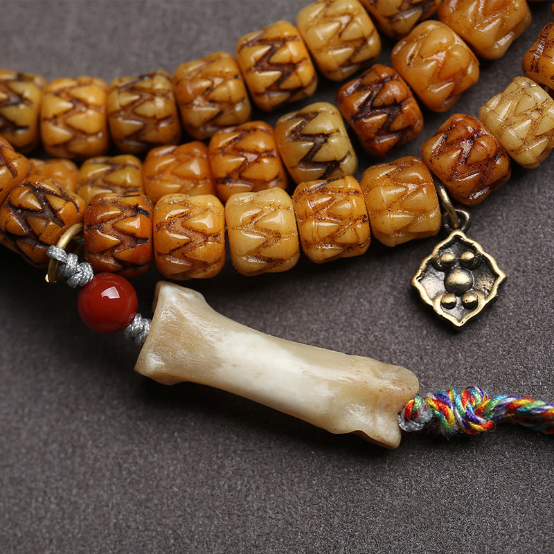 EverestArtstudios Carved Bone 108-Bead Mala with Turquoise and Glass Accents
