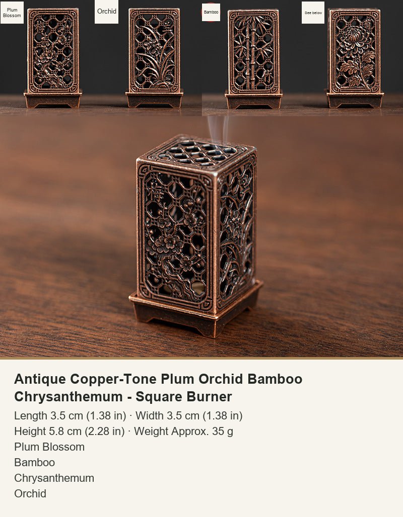 Antique Copper-Tone Plum Orchid Bamboo Chrysanthemum - Square Burner