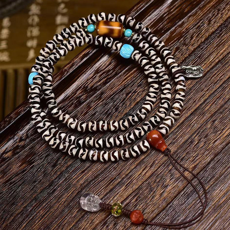 EverestArtstudios blessed EverestArtstudios Natural Agate Tiger-Tooth Dzi 108-Bead Mala with Red Agate and Clear Quartz