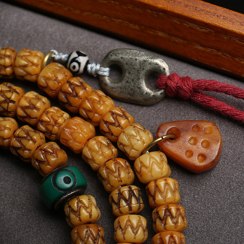 EverestArtstudios Carved Bone 108-Bead Mala with Turquoise and Glass Accents