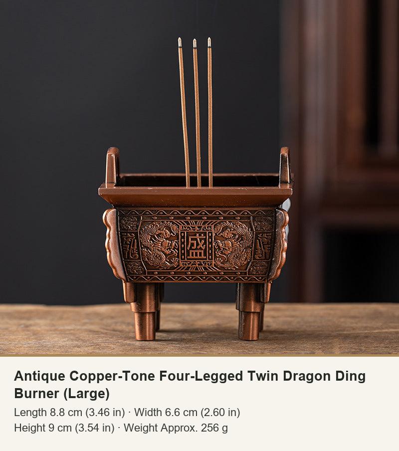 Antique Copper-Tone Four-Legged Twin Dragon Ding Burner (Large)