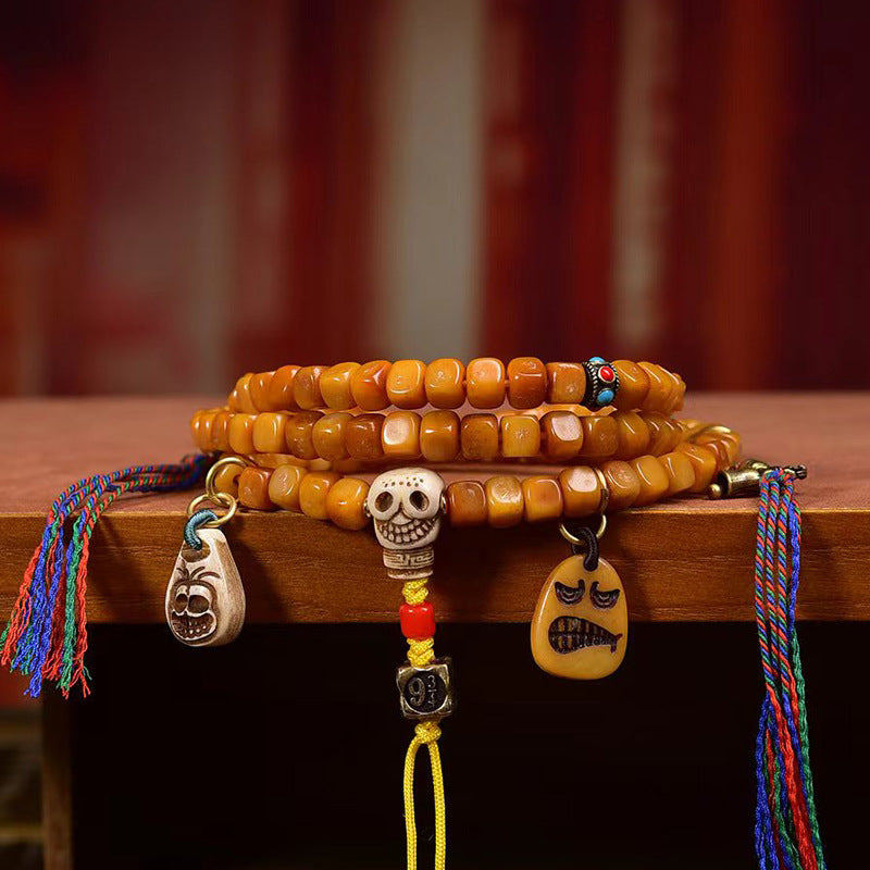 EverestArtstudios blessed EverestArtstudios Tibetan Vintage Bone Carved Square-Bead 108-Bead Mala