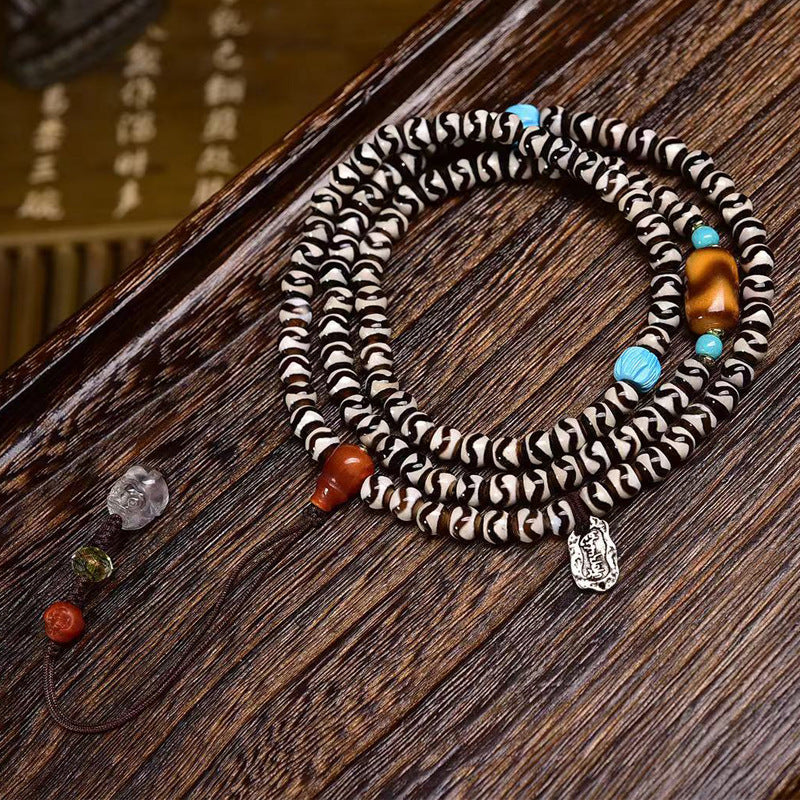 EverestArtstudios blessed EverestArtstudios Natural Agate Tiger-Tooth Dzi 108-Bead Mala with Red Agate and Clear Quartz