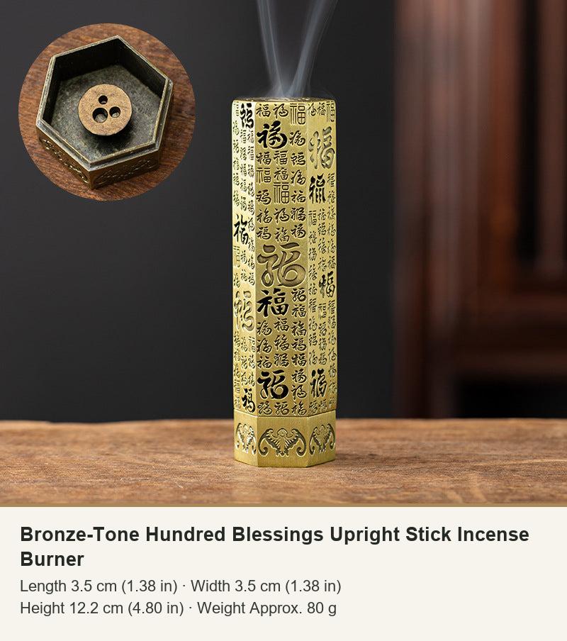 Bronze-Tone Hundred Blessings Upright Stick Incense Burner