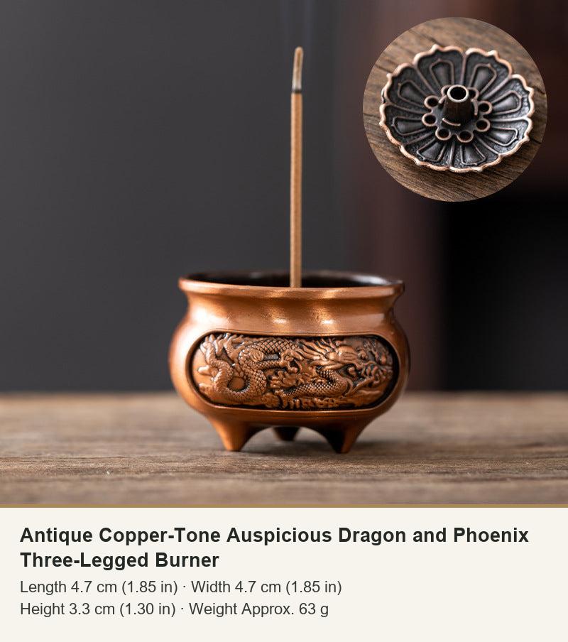 Antique Copper-Tone Auspicious Dragon and Phoenix Three-Legged Burner