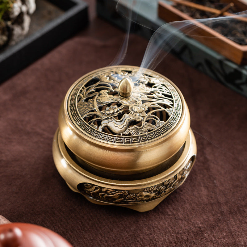 创意复古合金平底香炉，龙凤盘香炉，金莲花印香炉，香道摆件，家用香炉