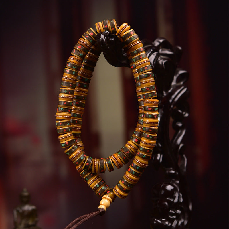 EverestArtstudios blessed EverestArtstudios Aged Tibetan Yak Bone Inlaid Multi-Treasure 108-Bead DIY Strand