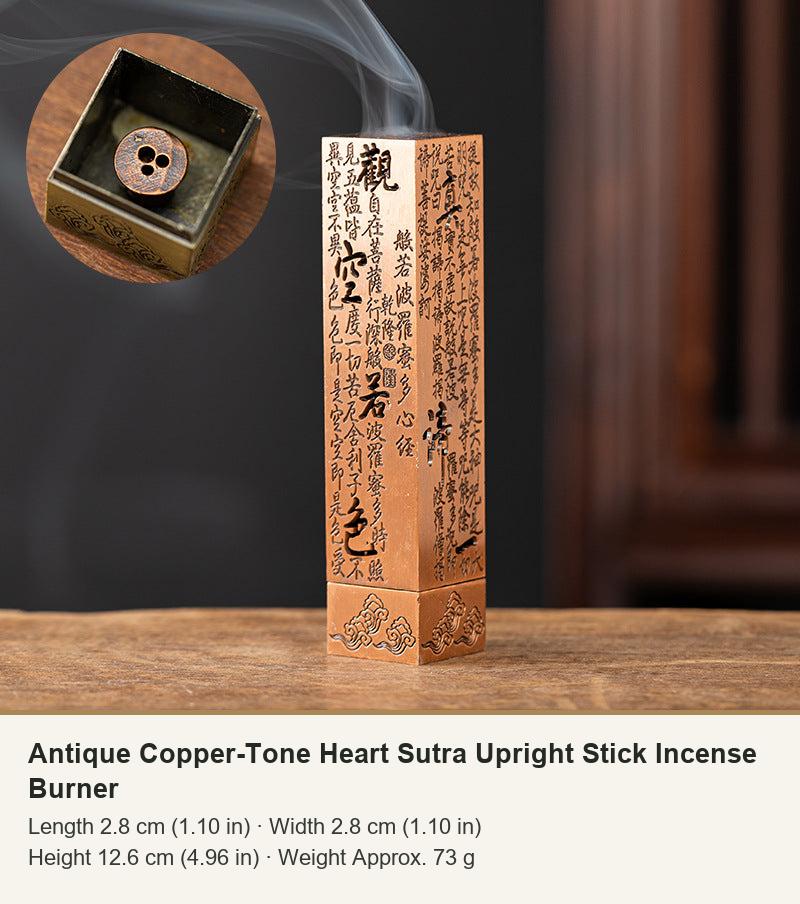 Antique Copper-Tone Heart Sutra Upright Stick Incense Burner