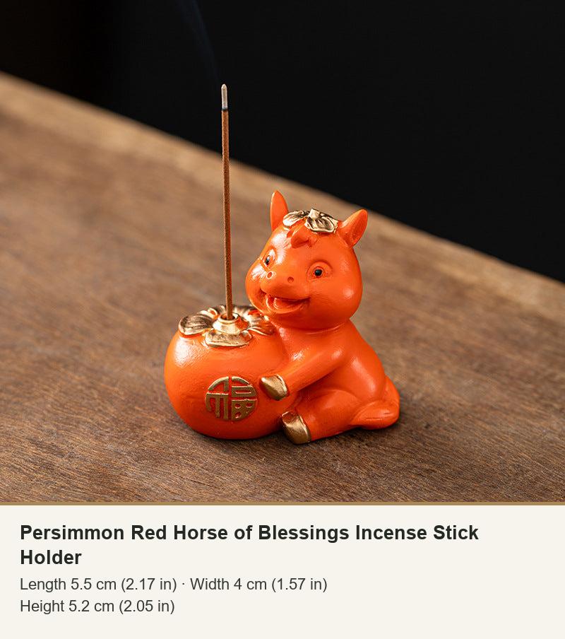Persimmon Red Horse of Blessings Incense Stick Holder