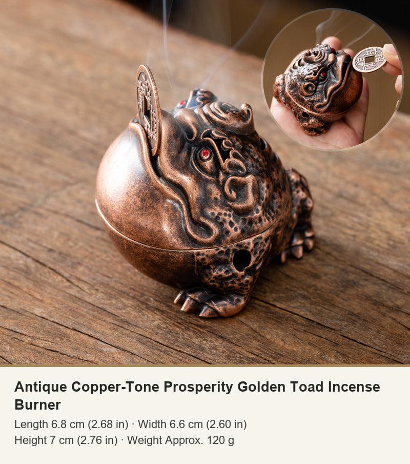 Antique Copper-Tone Prosperity Golden Toad Incense Burner