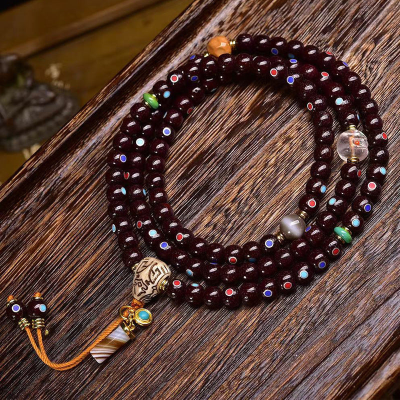 EverestArtstudios blessed EverestArtstudios Natural Cinnabar-Finished Inlaid Xingyue Bodhi 108-Bead Mala