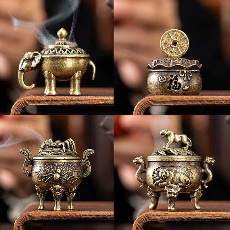 Cross-border explosive alloy creative small incense burner, auspicious cloud disk incense burner, incense road ornament, unicorn elephant tiger three-legged tripod burner