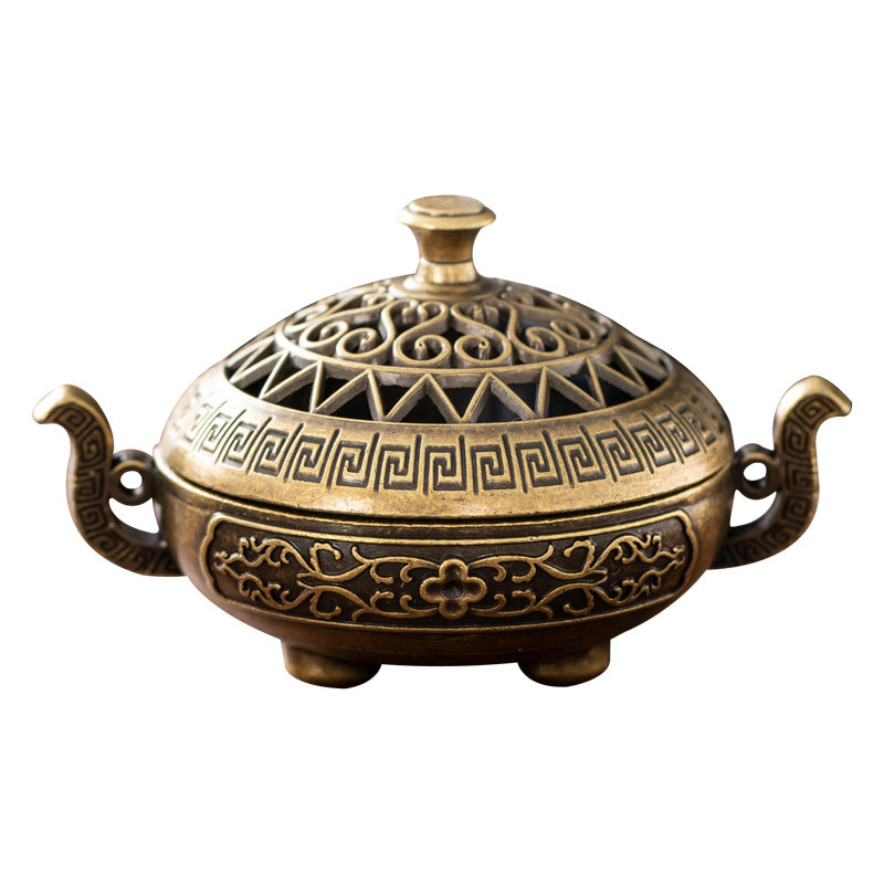 Binaural antique incense burner exquisite pattern hollow three-legged burner household indoor Xuande burner plate incense burner desktop ornament