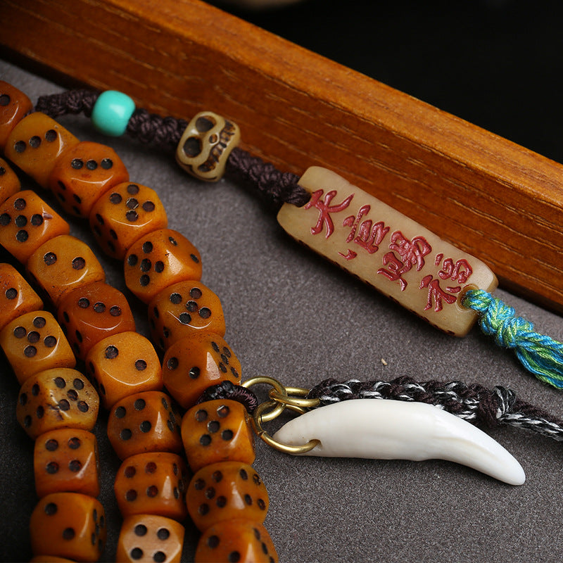 EverestArtstudios Dice-Carved Yak Bone 108-Bead Mala with Camel Bone Accents