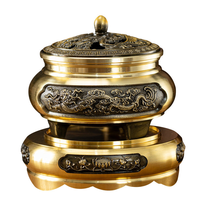 Dragon and Phoenix three-legged relief plate incense burner, golden lotus flat bottom alloy incense burner, indoor ornaments, household God of Wealth burner, Buddha incense burner