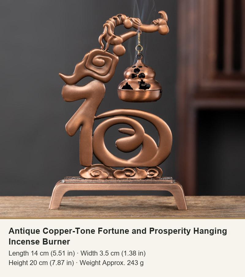 Antique Copper-Tone Fortune and Prosperity Hanging Incense Burner