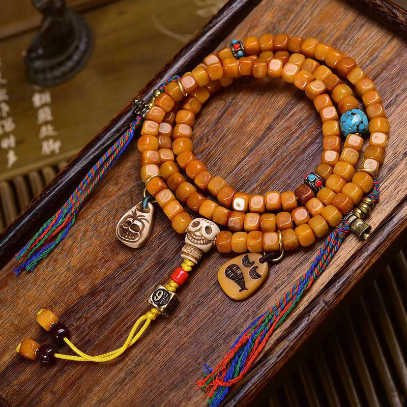 EverestArtstudios blessed EverestArtstudios Tibetan Vintage Bone Carved Square-Bead 108-Bead Mala
