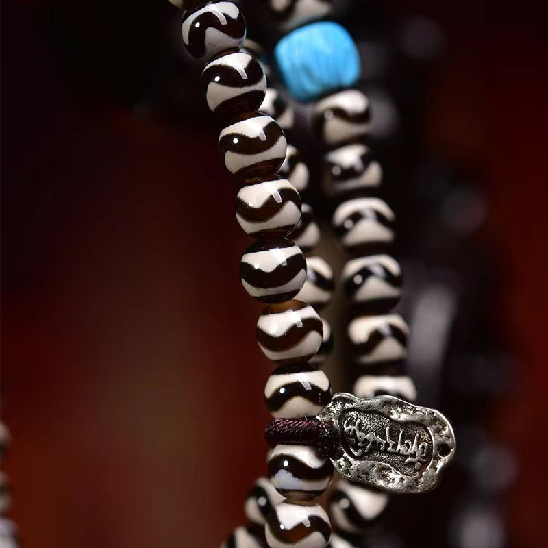 EverestArtstudios blessed EverestArtstudios Natural Agate Tiger-Tooth Dzi 108-Bead Mala with Red Agate and Clear Quartz