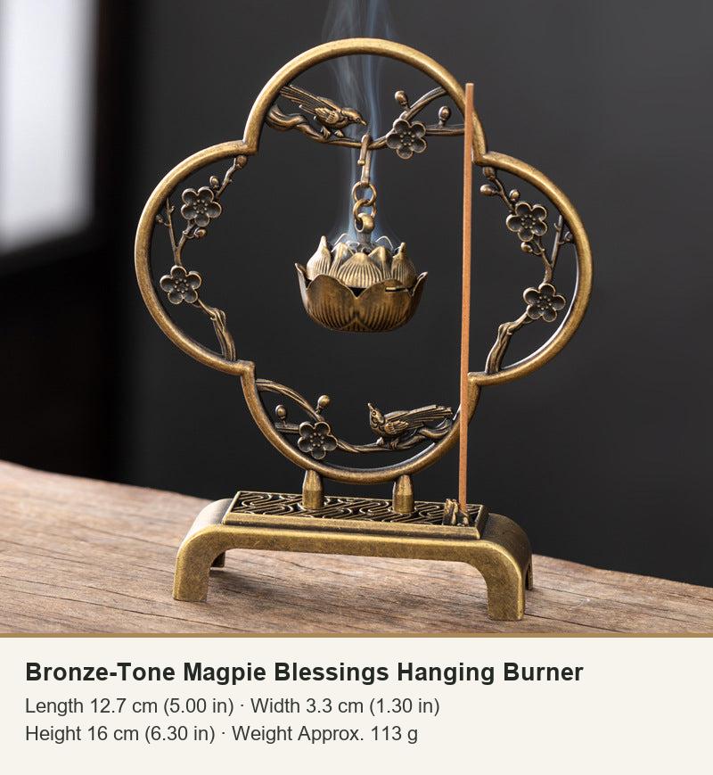 Bronze-Tone Magpie Blessings Hanging Burner