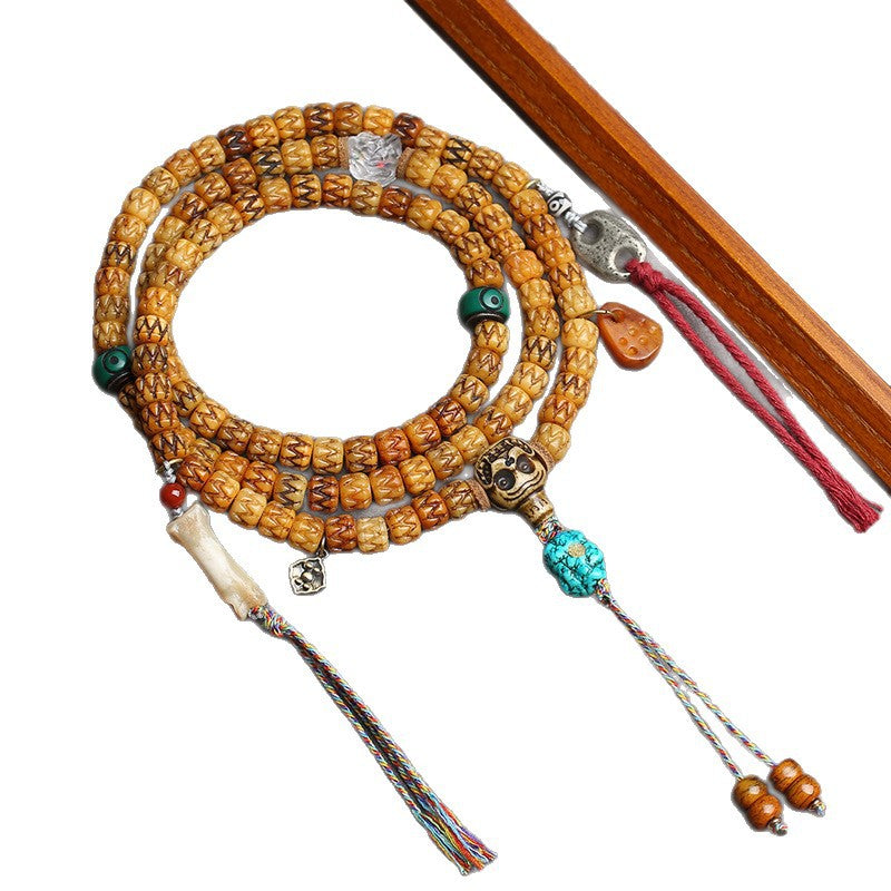 EverestArtstudios Carved Bone 108-Bead Mala with Turquoise and Glass Accents