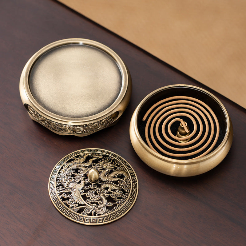 Whole wholesale retro alloy flat-bottomed incense burner, dragon and phoenix plate incense burner, golden lotus seal aromatherapy burner, incense road ornament incense burner