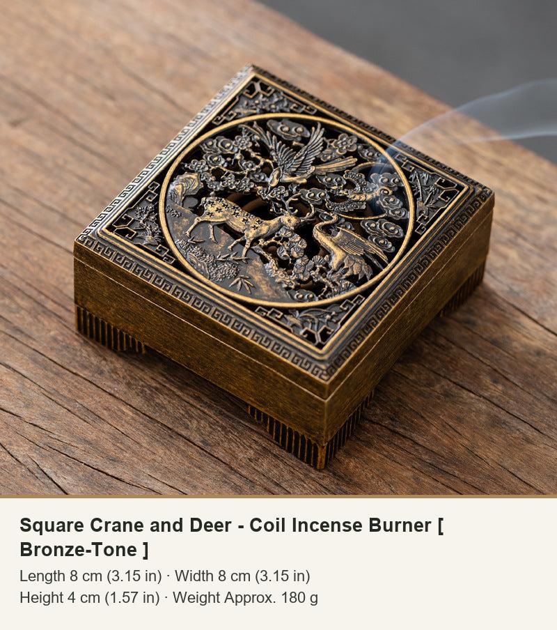 Square Crane and Deer - Coil Incense Burner [ Bronze-Tone ]